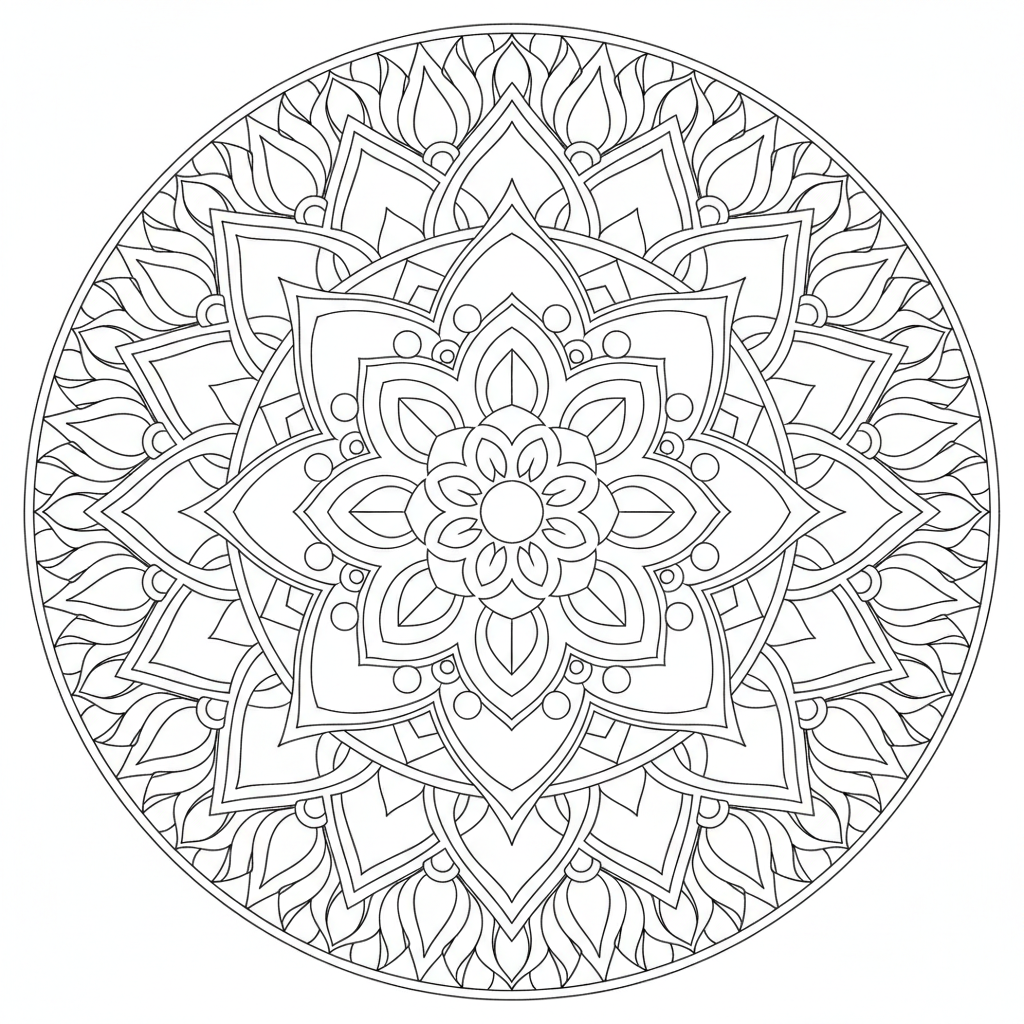 symmetrical mandala centered on stylized coloring page
