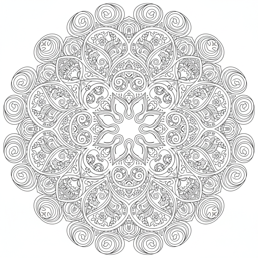 symmetrical mandala composed of intricate coloring page