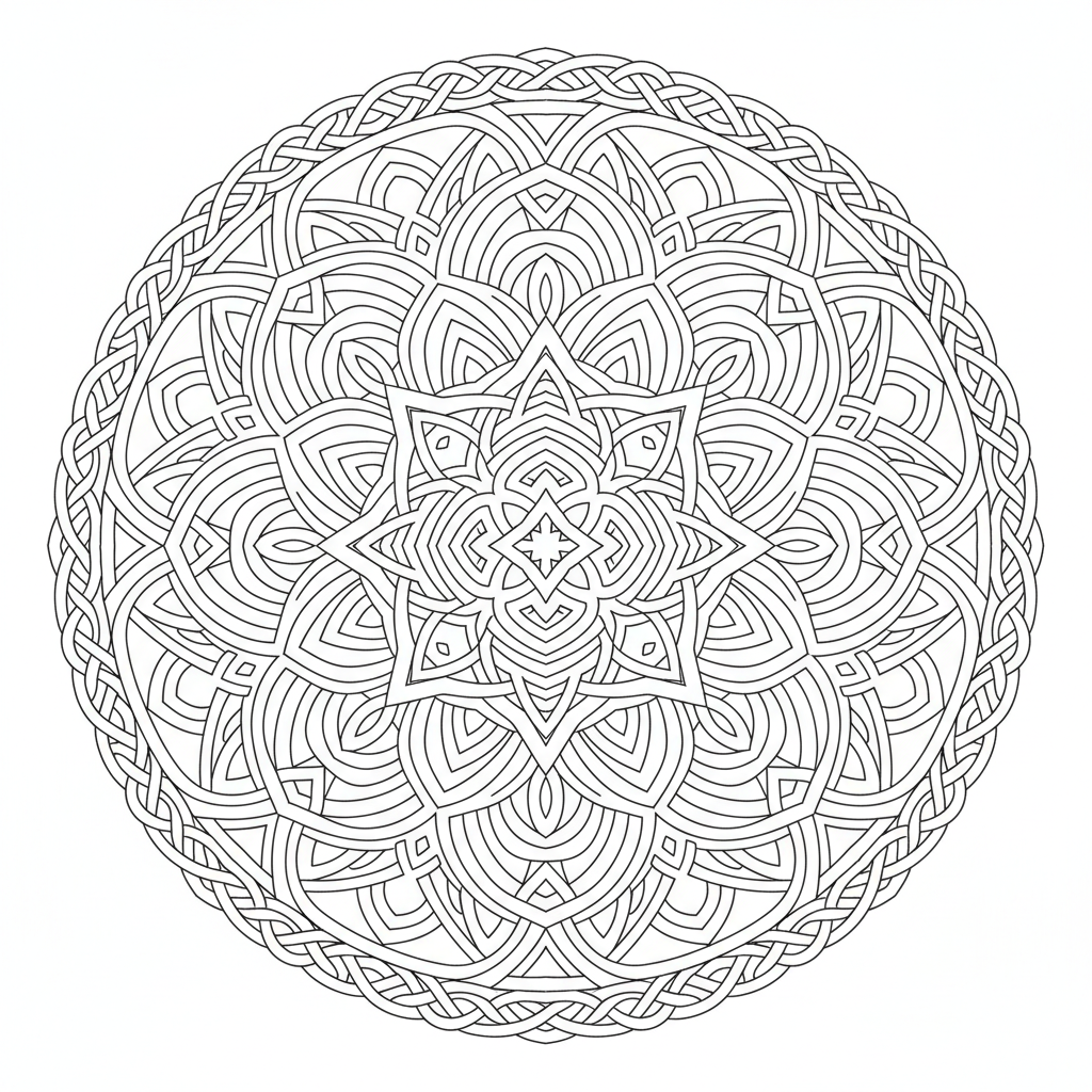 symmetrical mandala incorporating celtic knot coloring page