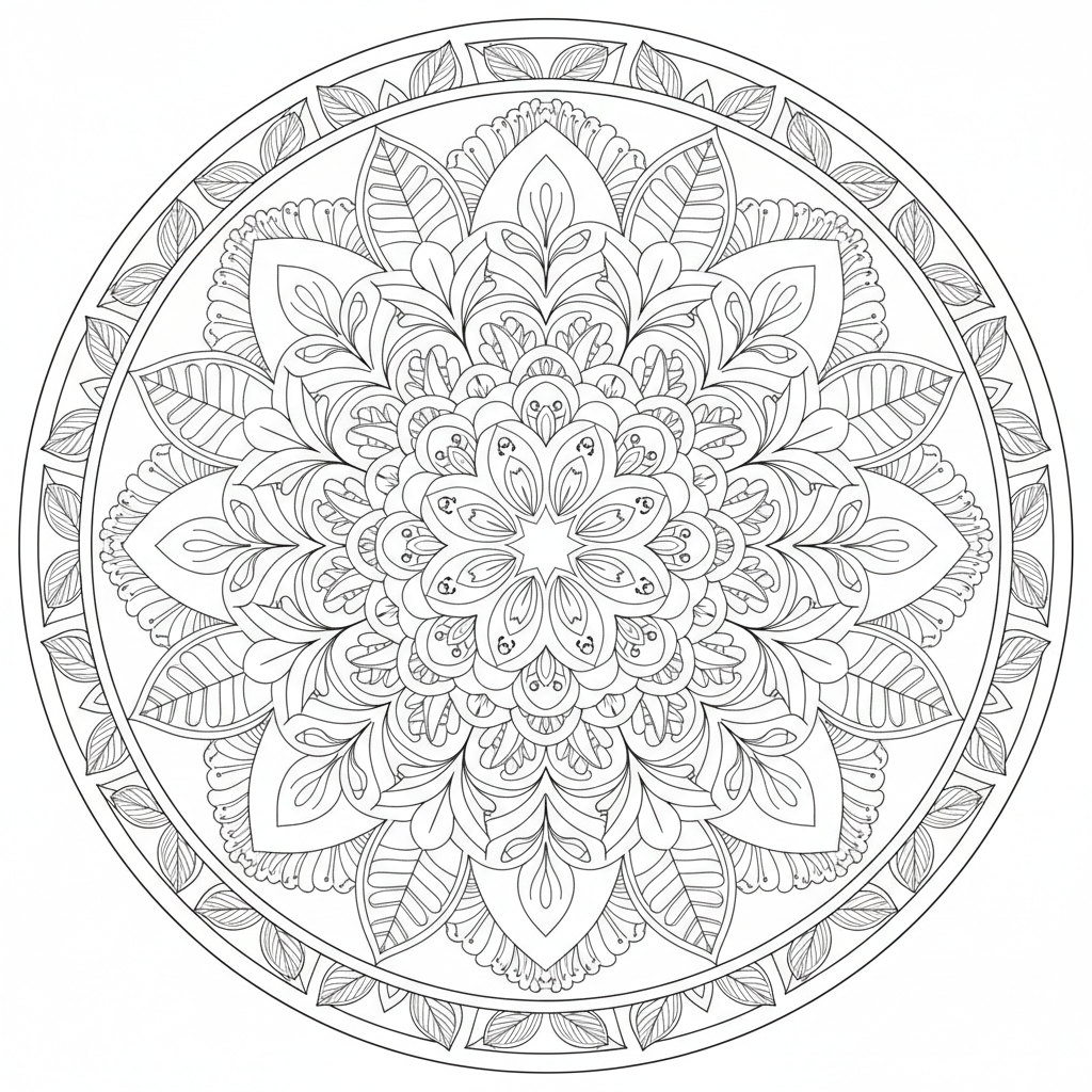 symmetrical mandala incorporating nature inspired coloring page