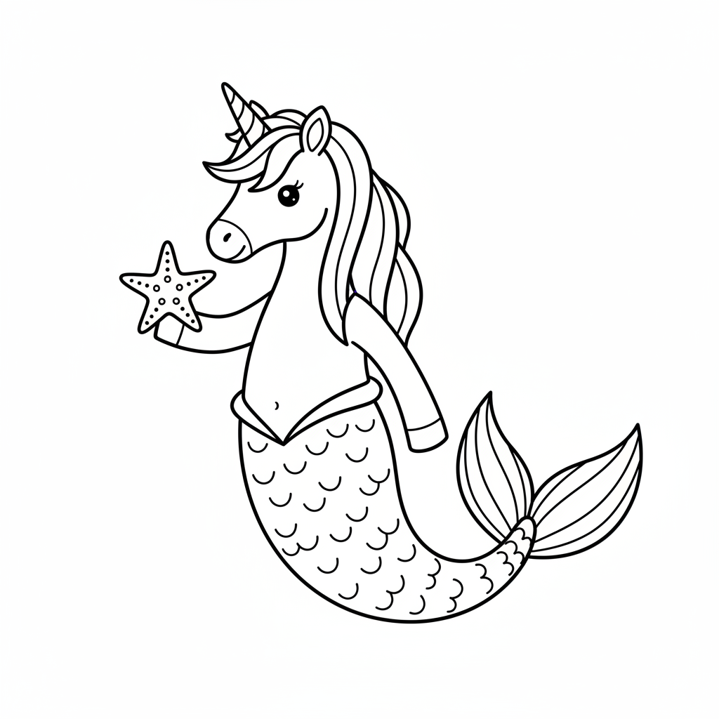 unicorn mermaid holding single simple coloring page
