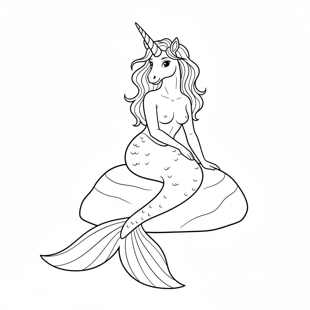unicorn mermaid sitting on simple coloring page