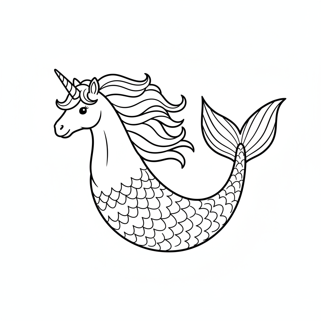unicorn mermaid swimming in gentle coloring page