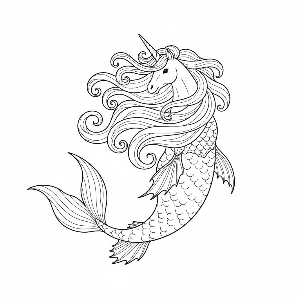 unicorn mermaid with long flowing coloring page