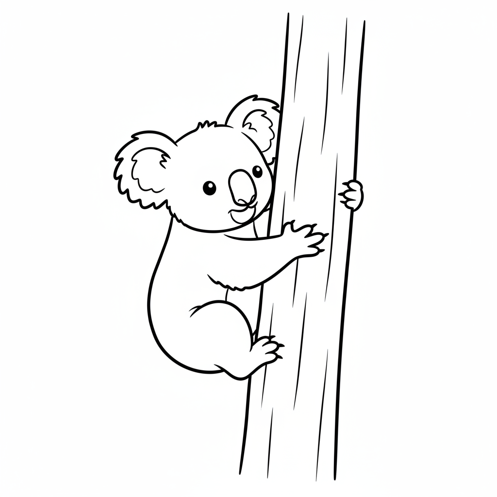 young koala bear climbing up coloring page